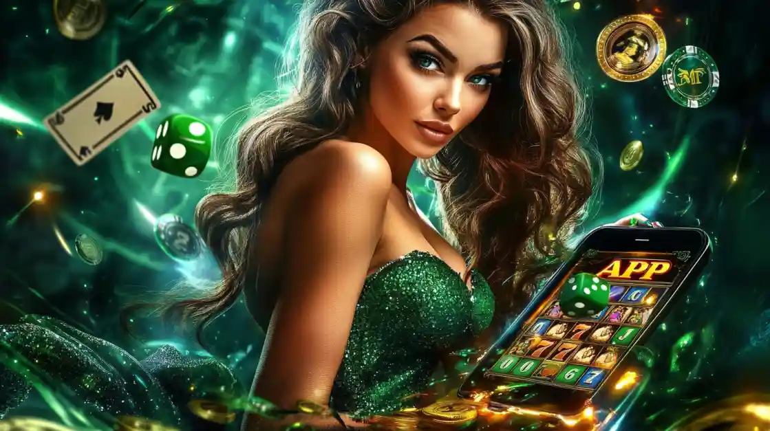An enchanting woman surrounded by cards, dice, and coins, alongside a smartphone featuring the BB44 gaming app.