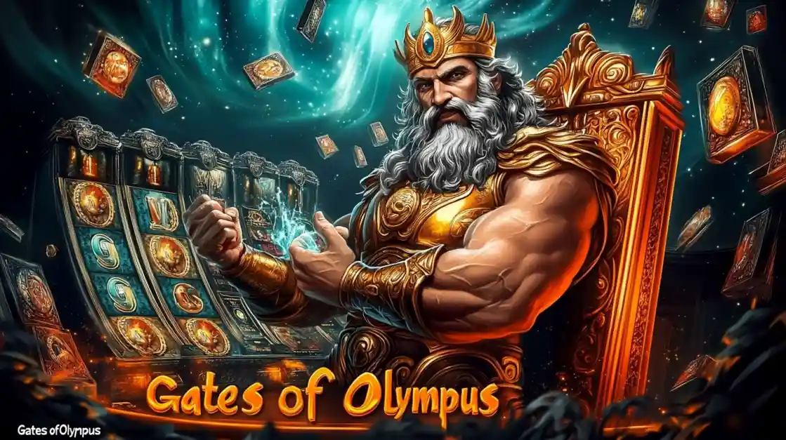 A majestic Zeus figure on a golden throne, surrounded by floating cards and a BB44 slot machine, with Gates of Olympus prominently displayed, inviting players to a mythical gaming experience.