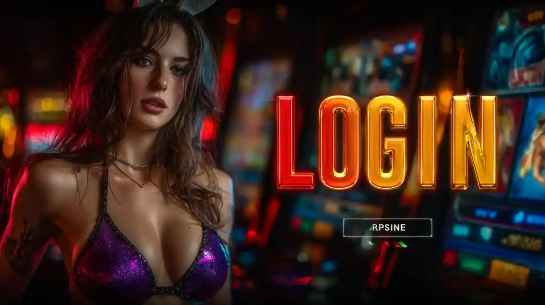 A captivating woman stands beside a LOGIN interface, with BB44 slot machines softly blurred in the background, inviting users to enter the world of BB44.