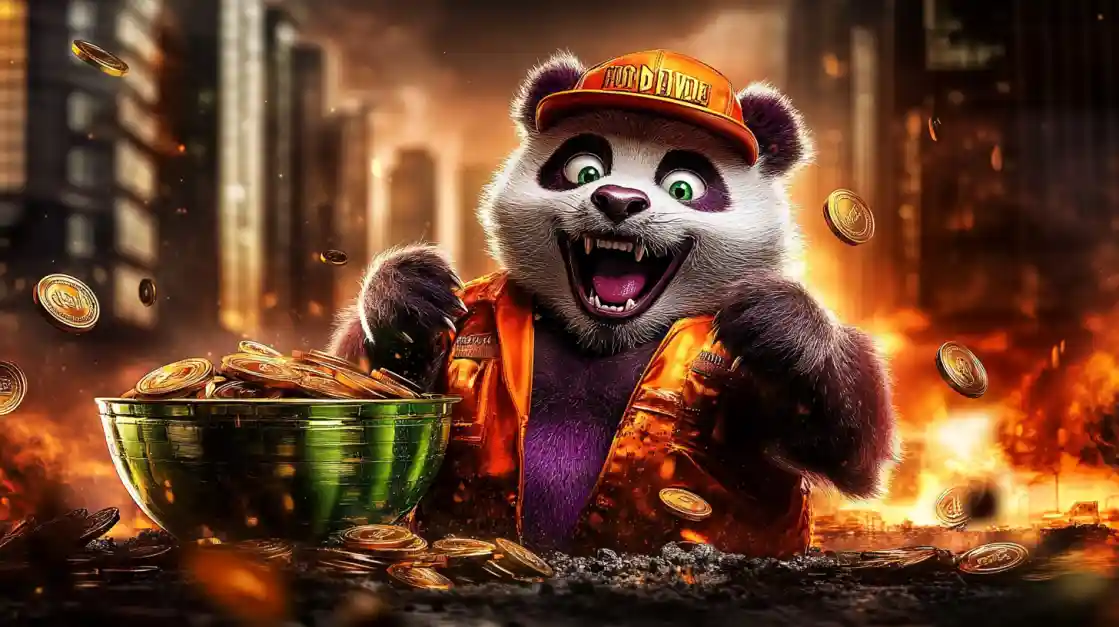 A cheerful panda character surrounded by golden coins, symbolizing wealth and good fortune with BB44.