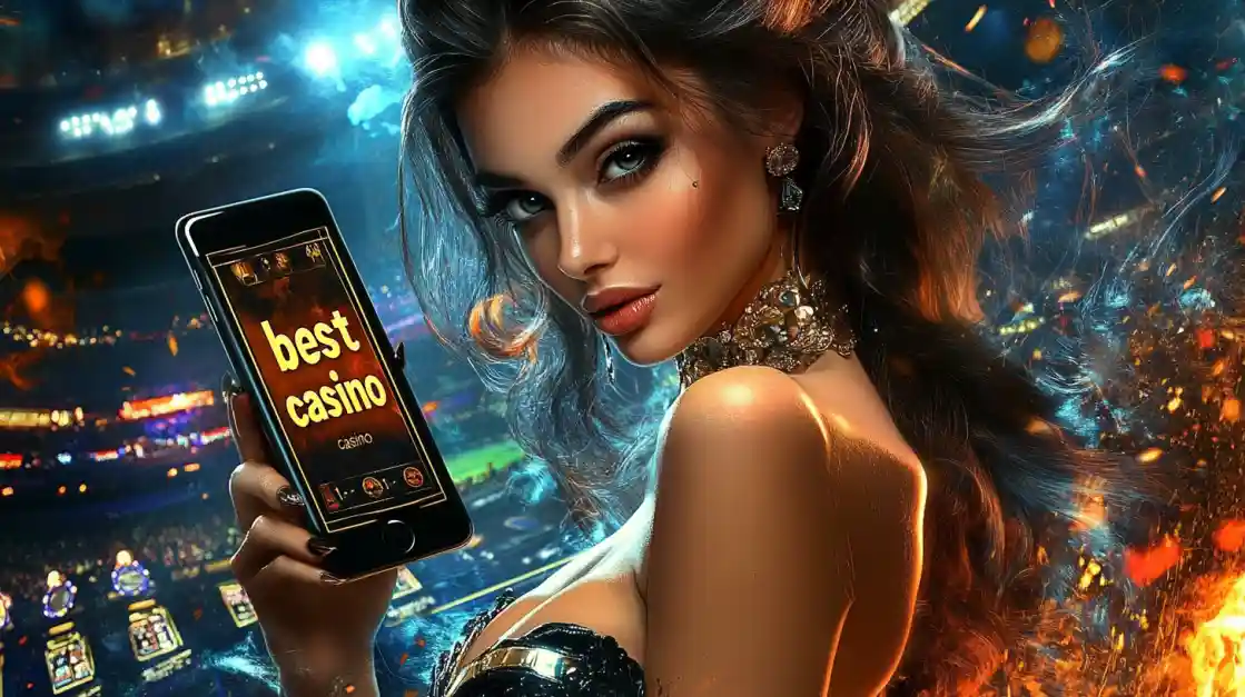 A woman holding a phone showcasing the BB44 casino app in a vibrant stadium-like setting.