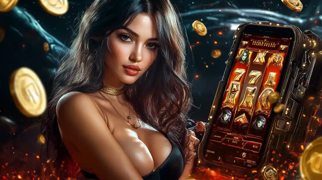A confident woman holds a smartphone displaying a BB44 mobile slot game with 777 symbols and golden coins.